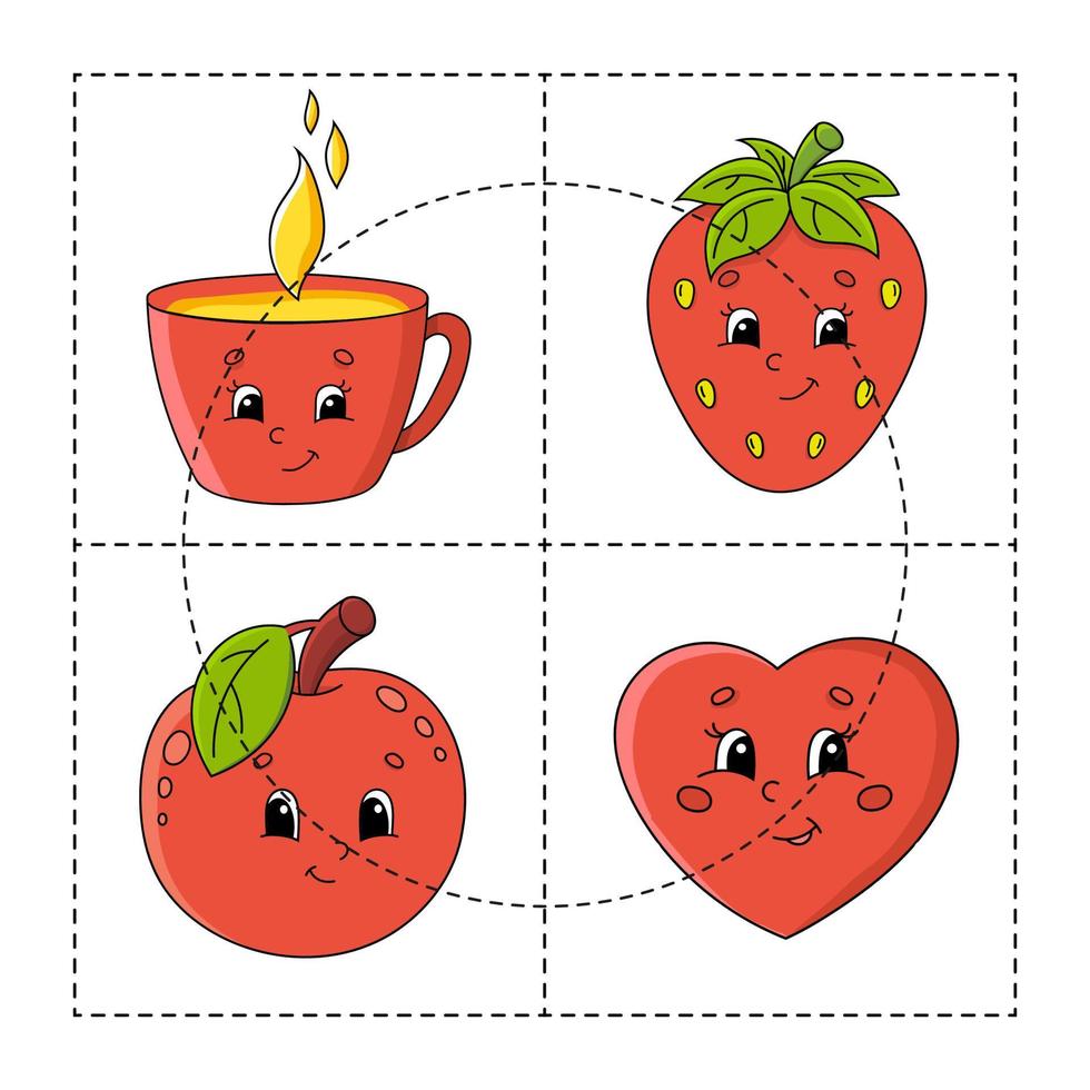 cortar y jugar frutas y verduras. juego de papel con pegamento. tarjetas flash hoja de trabajo de educación. pagina de actividades personaje divertido ilustración vectorial aislada. estilo de dibujos animados vector