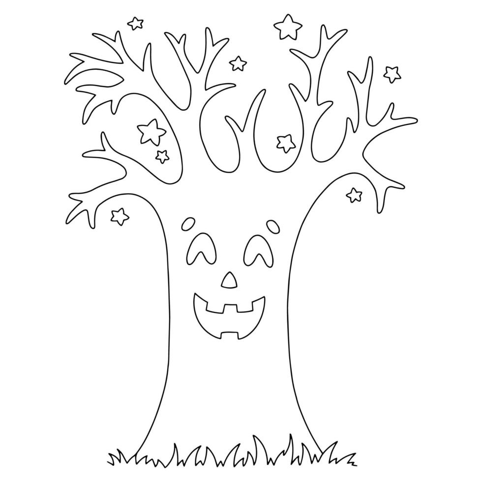 Magic tree. Coloring book page for kids. Halloween theme. Cartoon style character. Vector illustration isolated on white background.