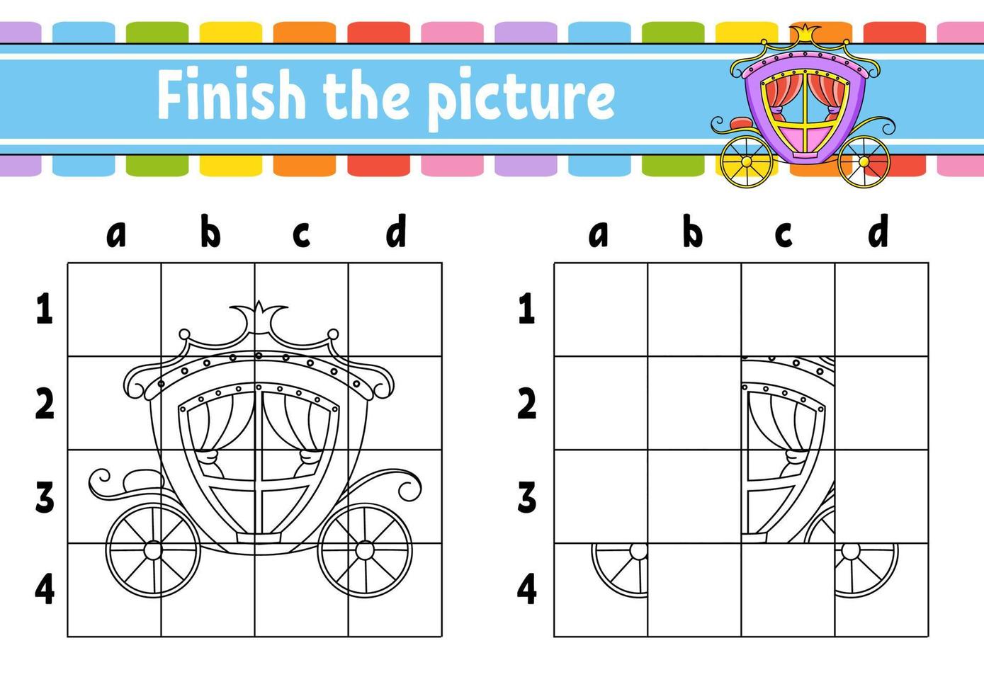 Finish the picture. Coloring book pages for kids. Education developing worksheet. Fairytale theme. Game for children. Handwriting practice. cartoon character. Vector illustration.