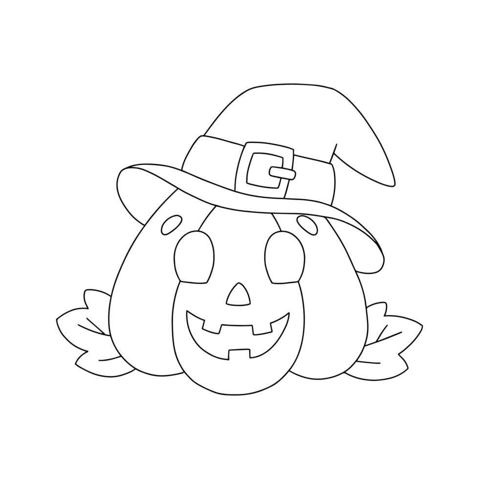 Cheerful pumpkin with a hat. Coloring book page for kids. Cartoon style character. Vector illustration isolated on white background. Halloween theme.