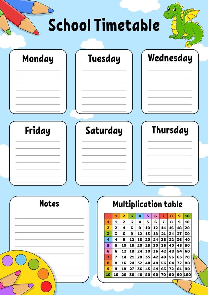 School timetable with multiplication table. For the education of children. Isolated on a white background. With a cute cartoon character. vector