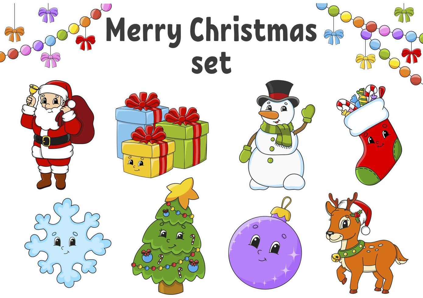 Set of stickers with cute cartoon characters. Christmas theme. Hand drawn. Colorful pack. Vector illustration. Patch badges collection. Label design elements. For daily planner, diary, organizer.