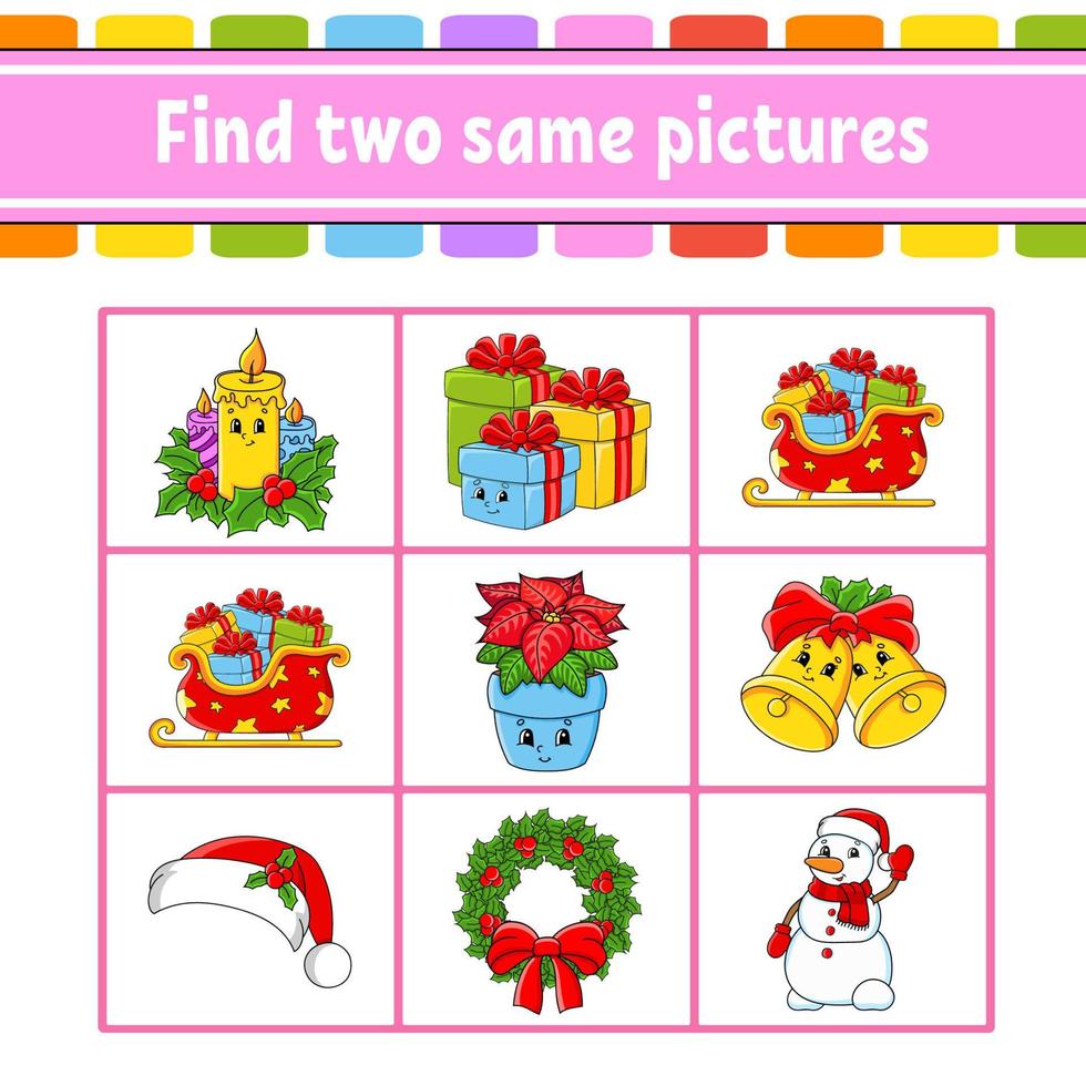 Find two same pictures. Task for kids. Education developing worksheet. Activity page. Color game for children. Funny character. Isolated vector illustration. cartoon style. Christmas theme.