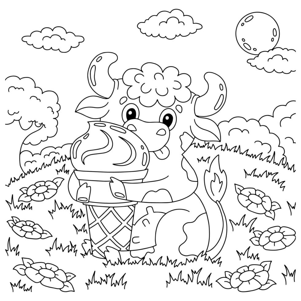 Farm animal cow holds ice cream. Coloring book page for kids. Cartoon style. Vector illustration isolated on white background.