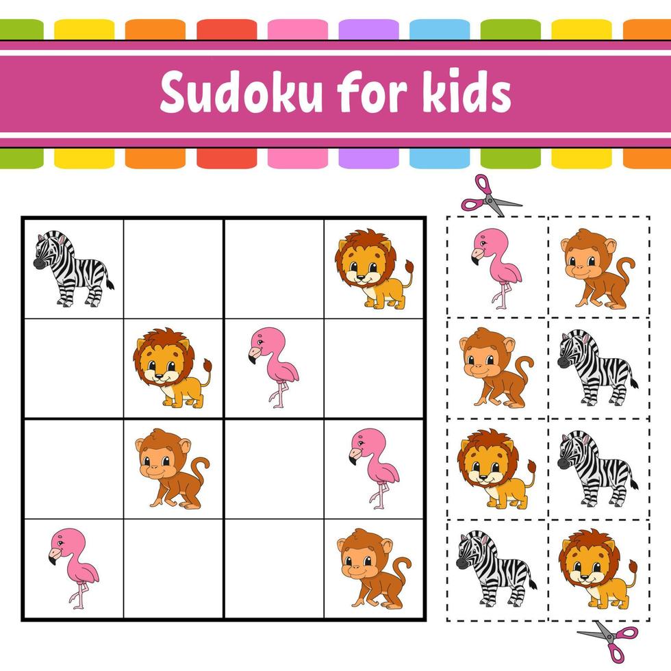 Sudoku for kids. Education developing worksheet. Activity page with pictures. Puzzle game for children. Logical thinking training. Isolated vector illustration. Animal theme. cartoon style.