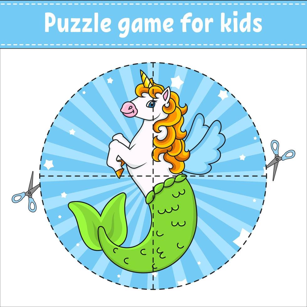 Cut and play. Cute mermaid unicorn. Round puzzle. Logic puzzle for kids. Activity page. Cutting practice for preschool. Cartoon character. vector