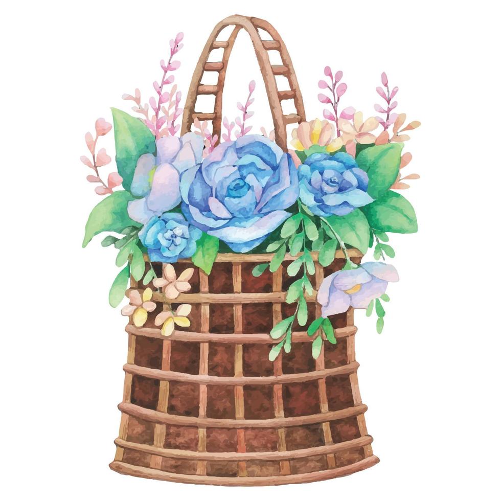 Set of flower basket watercolor. Hand drawn watercolor illustrations. vector