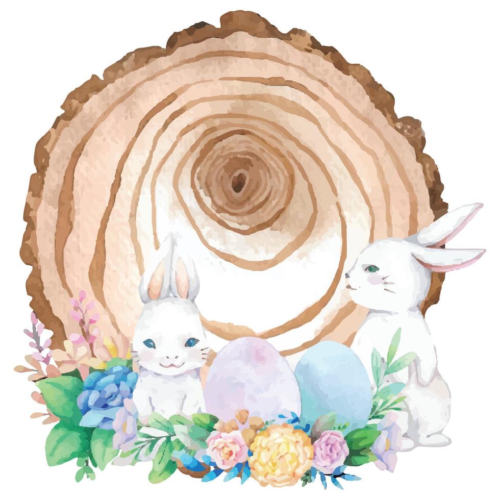 Watercolor wooden frame with spring easter decoration. Vector illustration.