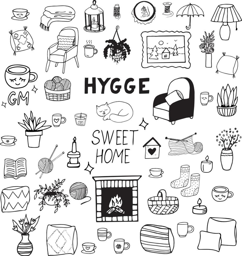 hygge set icono de esbozo, pegatina, afiche, garabato dibujado a mano con tarjeta, escandinavo. hogar acogedor, plantas en macetas y jarrones, sillones, tejido, gato, calcetines, chimenea, velas, tazas. elemento único para el diseño vector