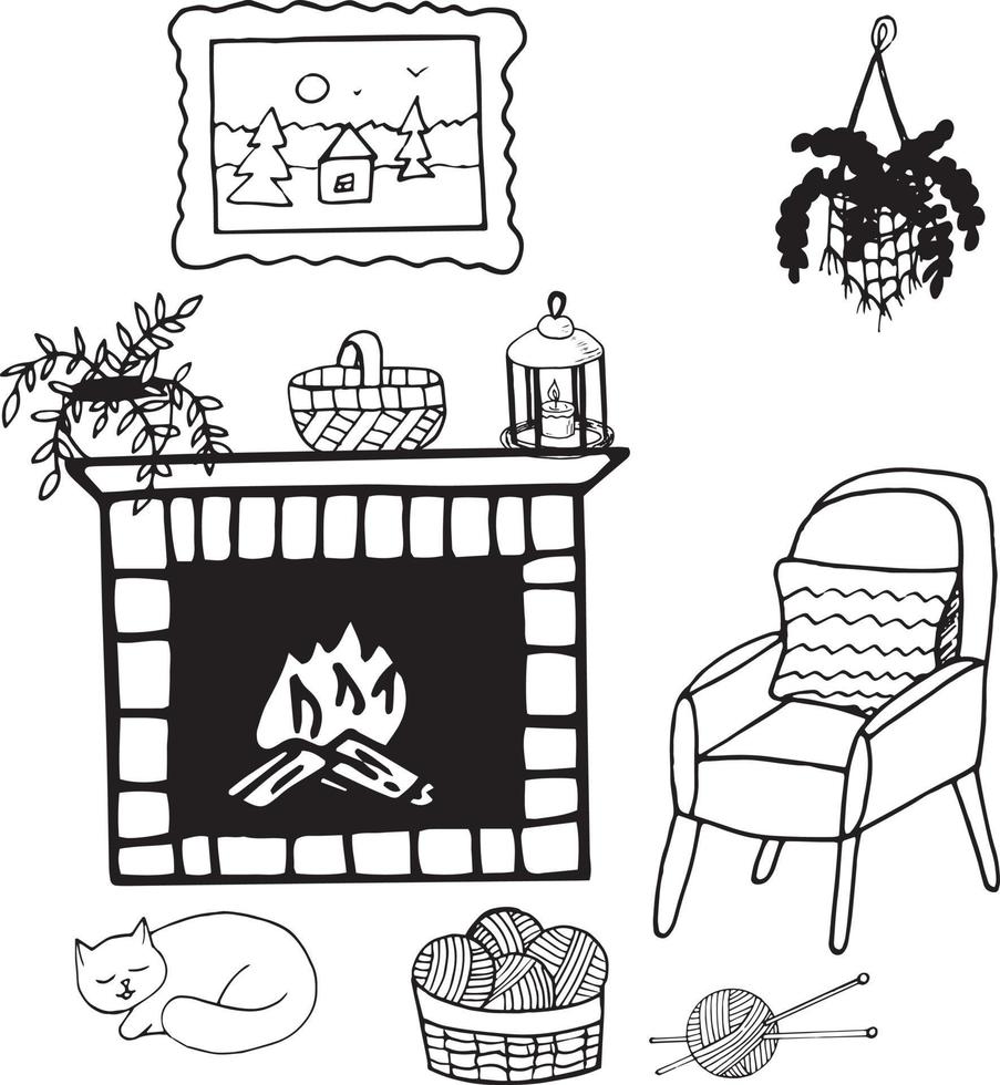 interior of a cozy home hand drawn in doodle style. composition of elements for design concept of comfort, sticker, poster, card. , scandinavian, hygge, monochrome. chair, fireplace, knitting, cat vector