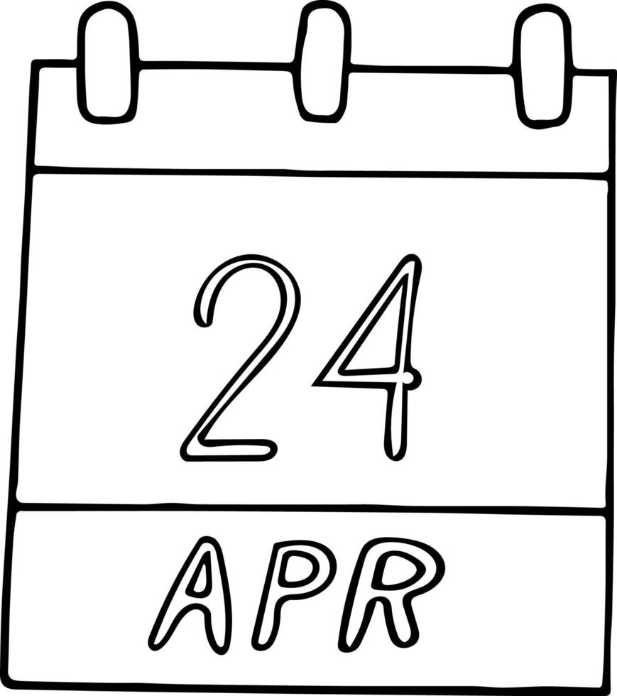 calendario dibujado a mano en estilo garabato. 24 de abril. día internacional del multilateralismo y la diplomacia para la paz, fecha. icono, elemento adhesivo para el diseño. planificación, negocios, vacaciones vector