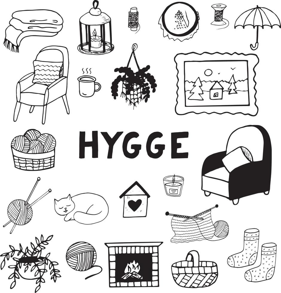 hogar acogedor hygge dibujado a mano en estilo garabato. colección de elementos para icono de diseño, pegatina, afiche, tarjeta. , escandinavo, monocromo. silla, planta, interior, chimenea, gato, tejido de cuadros vector