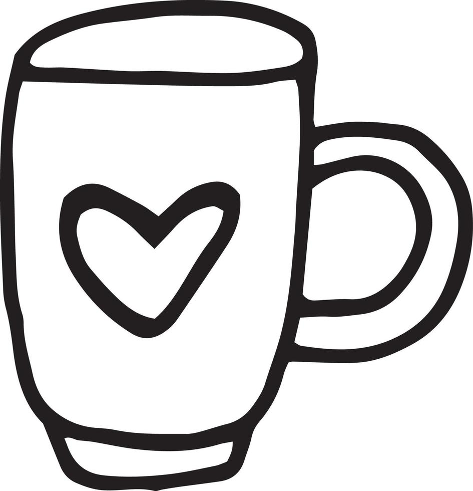 linda taza con corazón dibujado a mano en estilo garabato. hygge escandinavo de gráficos de un solo elemento. té, café, hogar, cafetería. icono de diseño, tarjeta vector
