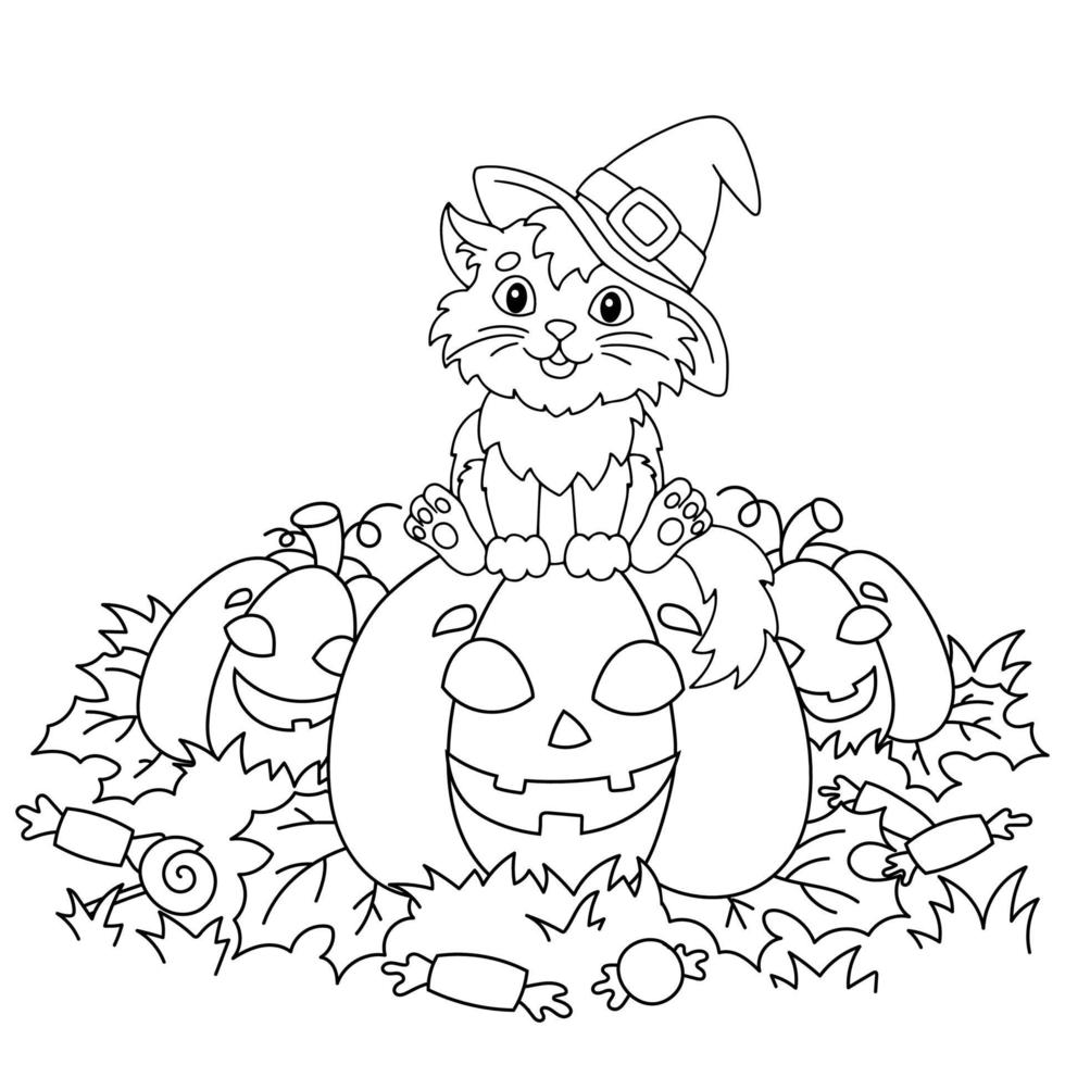 A cat in a witch hat sits on a pumpkin. Halloween theme. Coloring book page for kids. Cartoon style. Vector illustration isolated on white background.