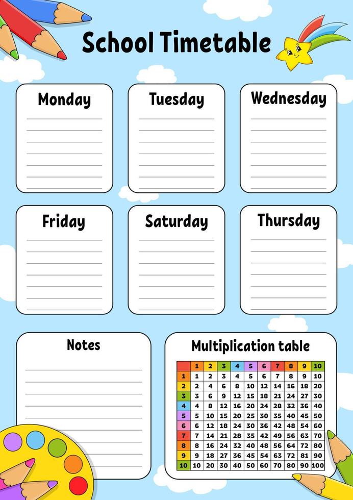School timetable with multiplication table. For the education of children. vector