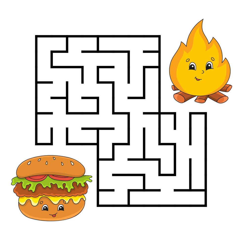 Square maze. Game for kids. Puzzle for children. Labyrinth conundrum. Color vector illustration. Isolated vector illustration. cartoon character. Barbecue theme.