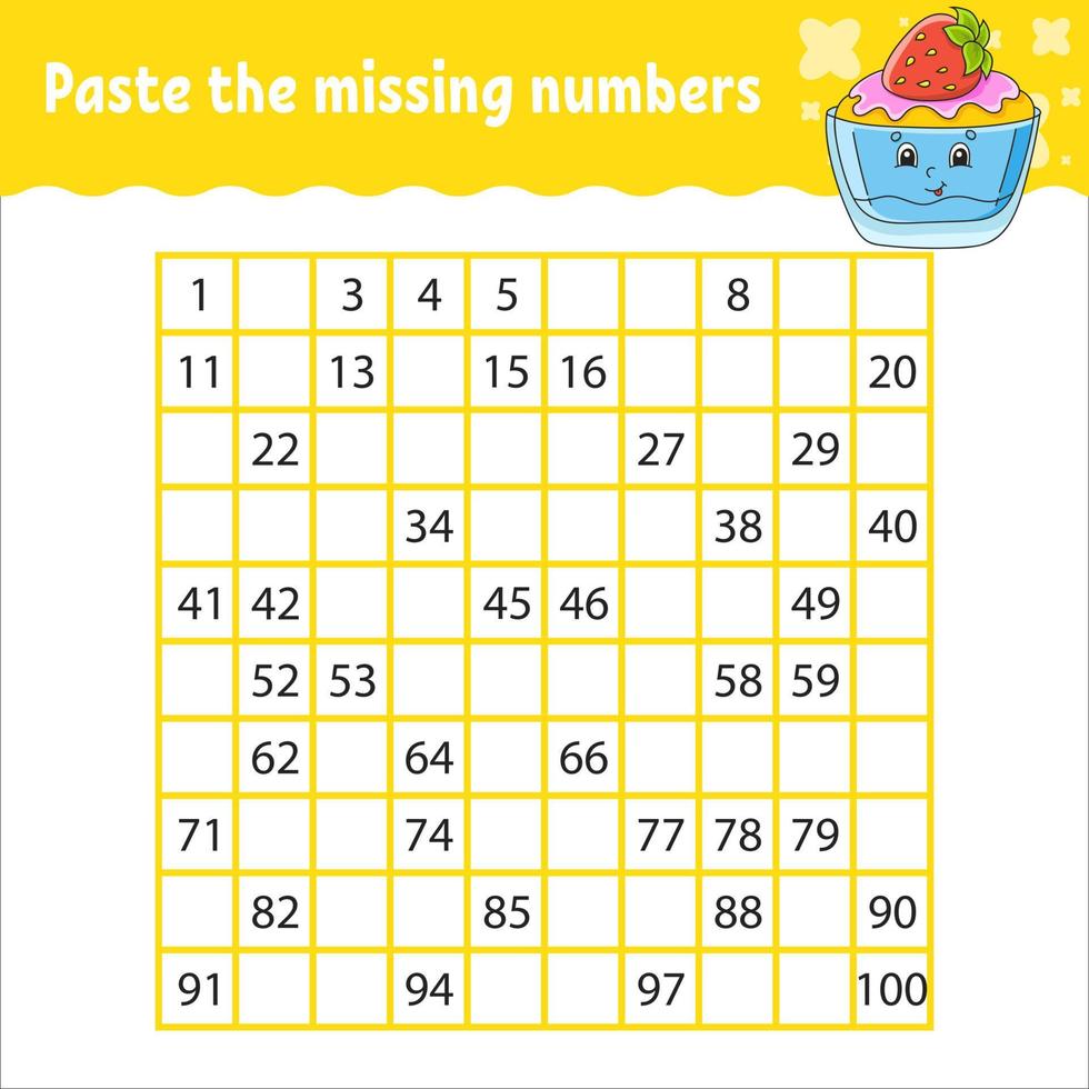 Paste the missing numbers from 1 to 100. Handwriting practice. Learning numbers for kids. Education developing worksheet. Activity page. Game for children. vector