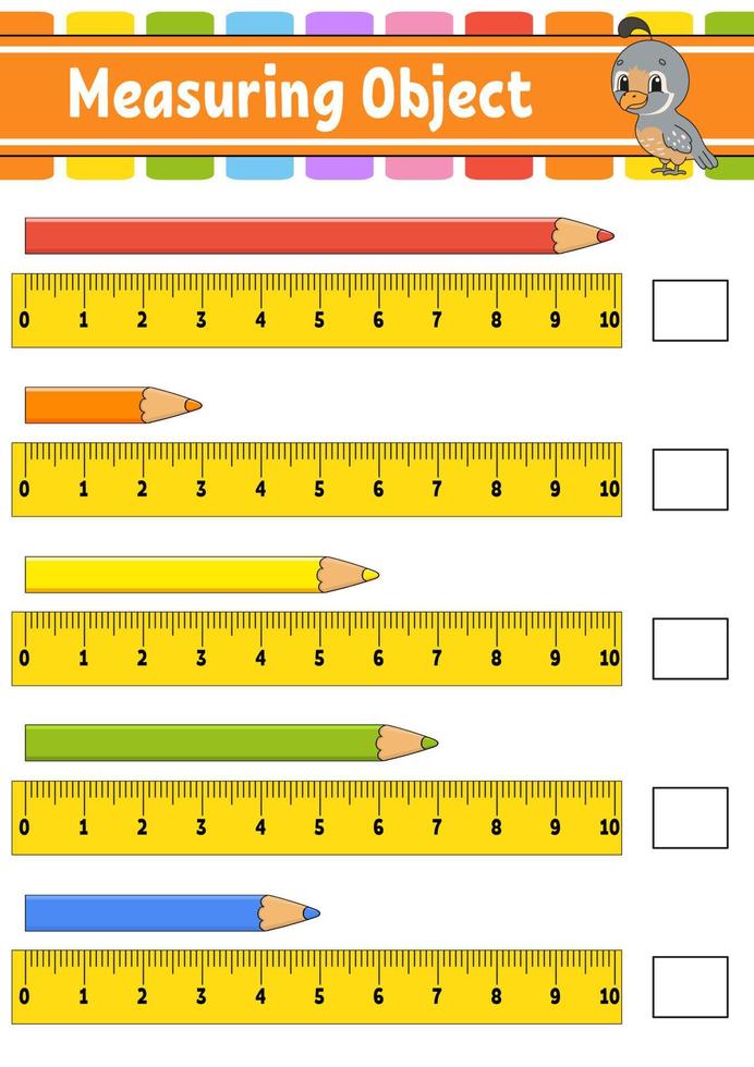 Measuring object with ruler. Education developing worksheet. Game for kids. Color activity page. Puzzle for children. Cute character. Vector illustration. cartoon style.