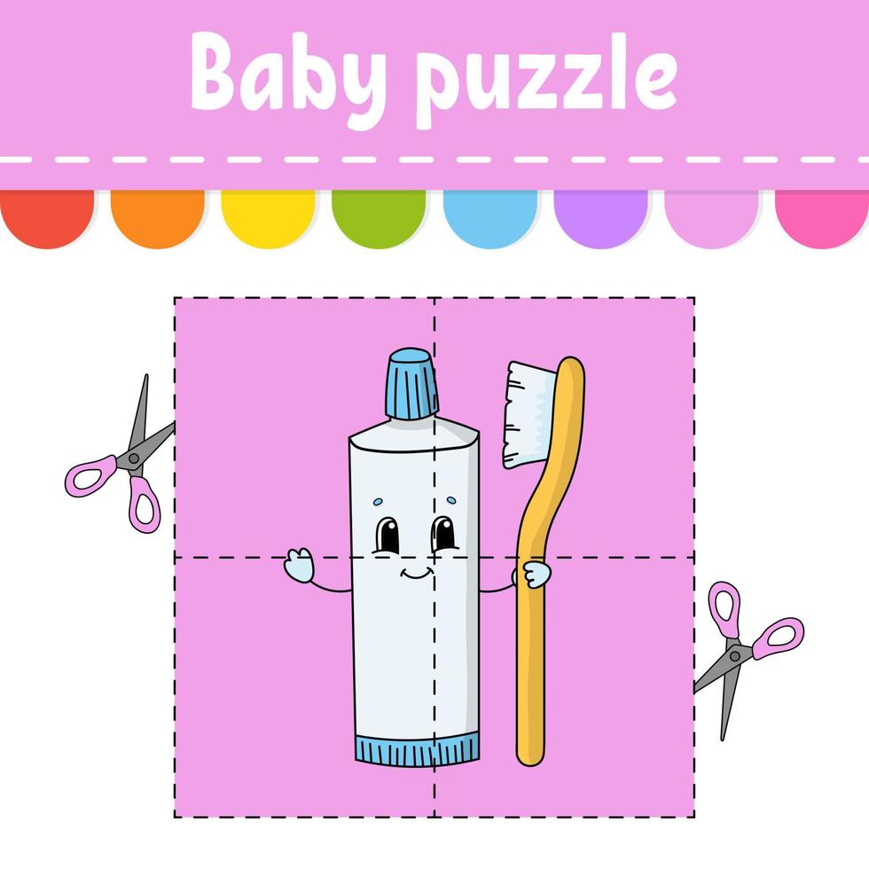 Baby puzzle. Easy level. Flash cards. Cut and play. Color activity worksheet. Game for children. cartoon character. vector