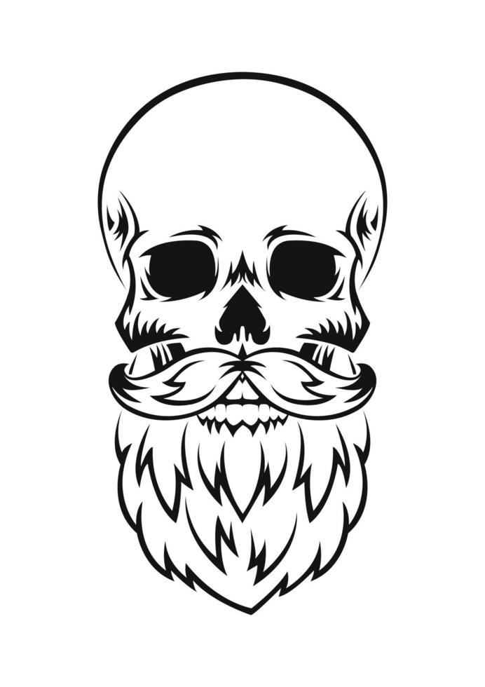 Human skull with beard and mustache. Black silhouette. Design element. Hand drawn sketch. Vintage style. Vector illustration.