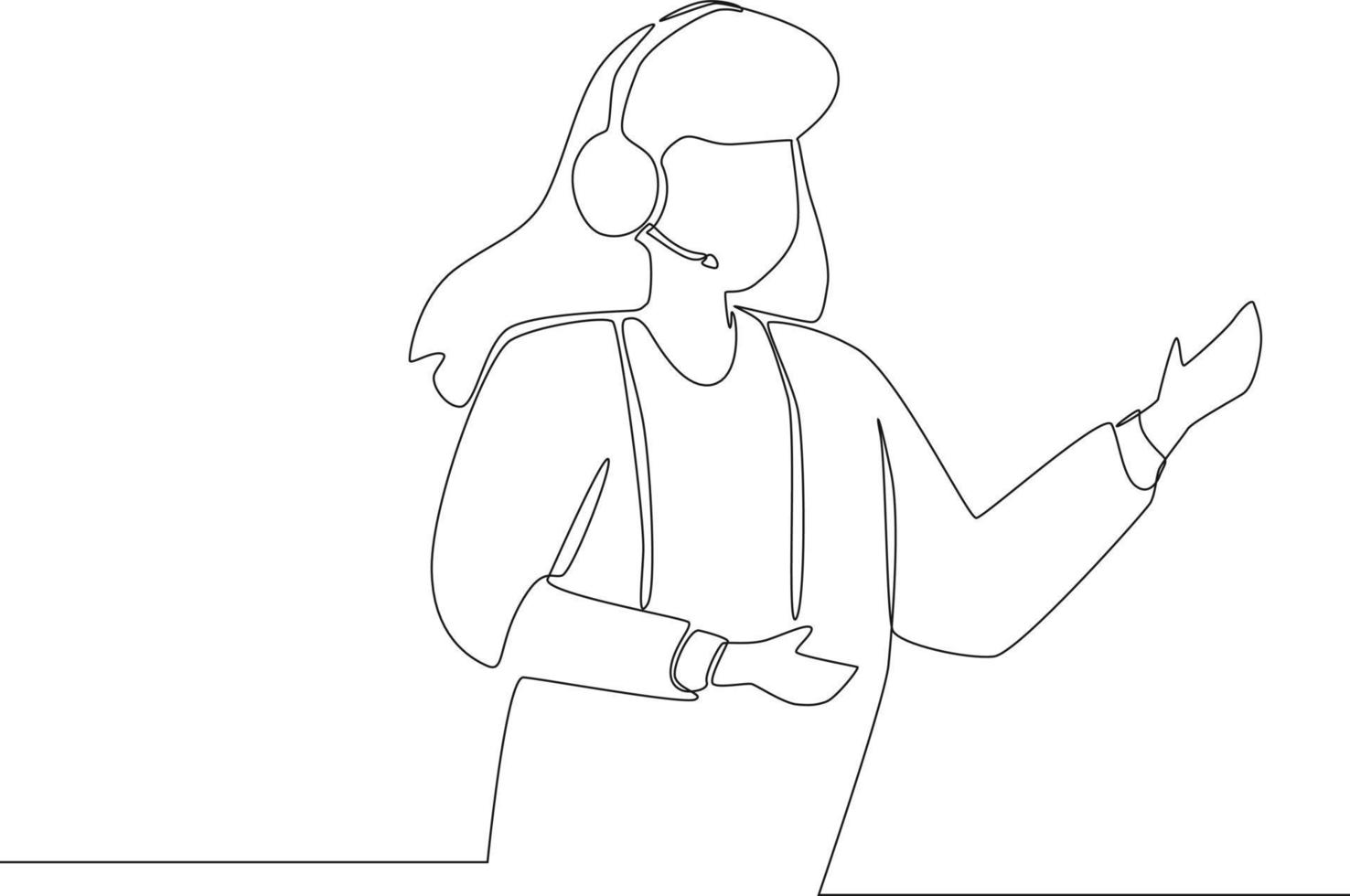 Simple continuous line,  woman call center working use headset in office. Vector illustration.
