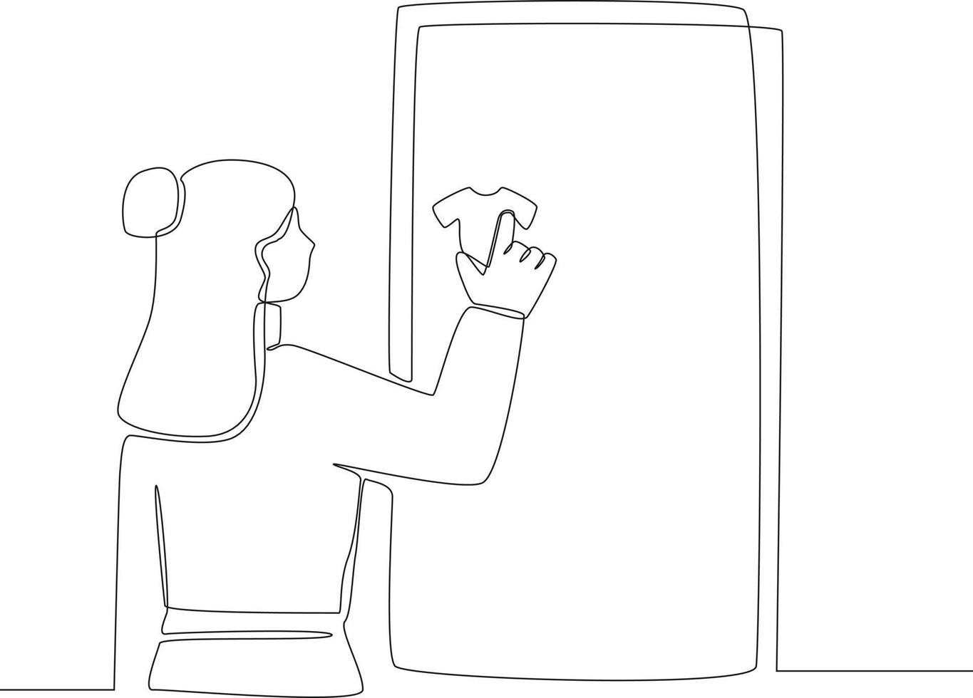 Continuous line drawing of Young woman shopping online with touching sensitive display and making purchase with selective focus. Vector illustration.