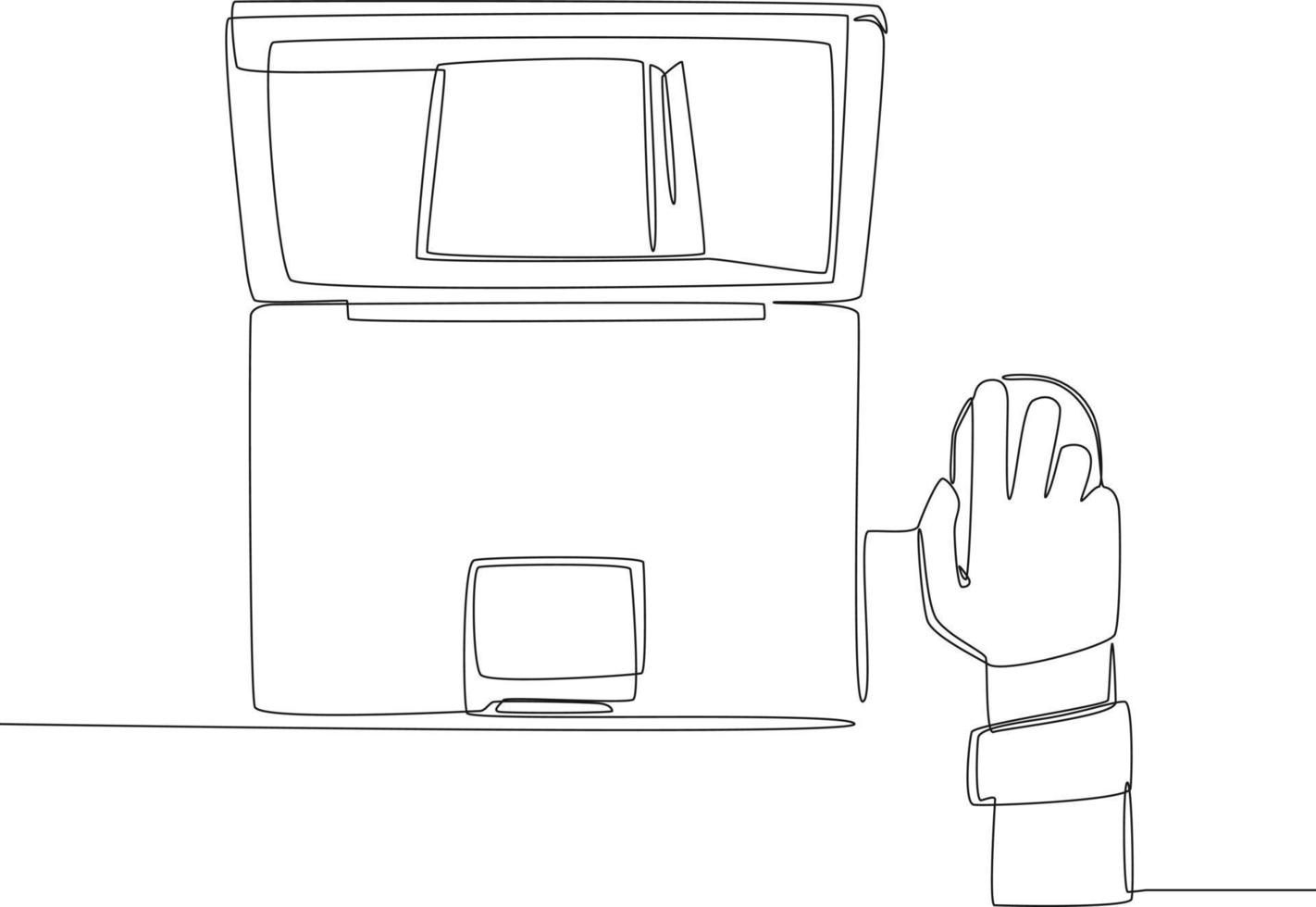 Continuous line drawing of Man hand use Laptop computer with mouse. Vector illustration.