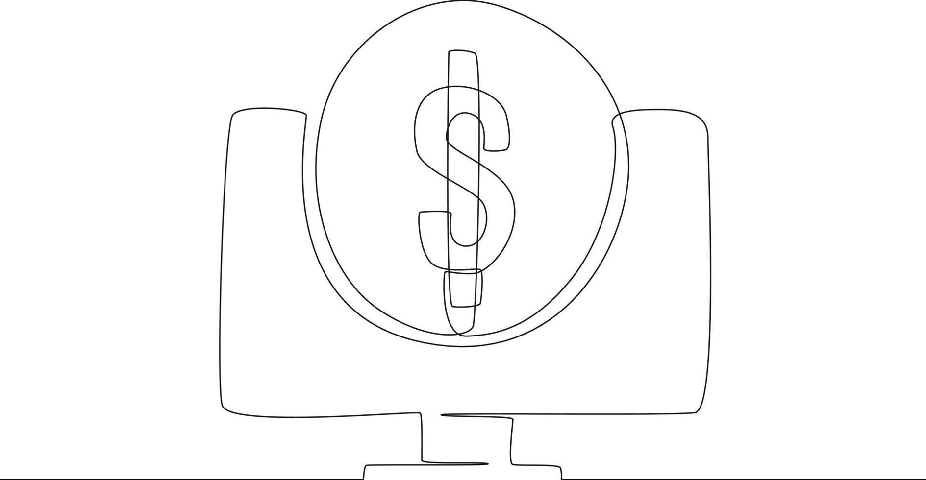 Continuous line drawing of coin in dollar in on a laptop pc. Vector illustration.