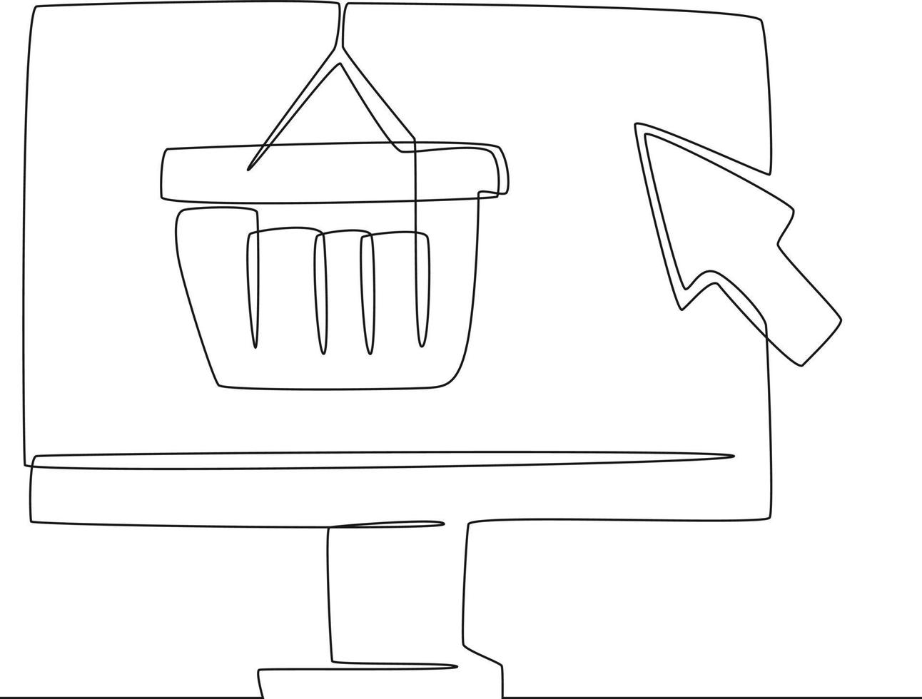 Continuous line drawing of basket online shopping concept with pc computer website store. Vector illustration.