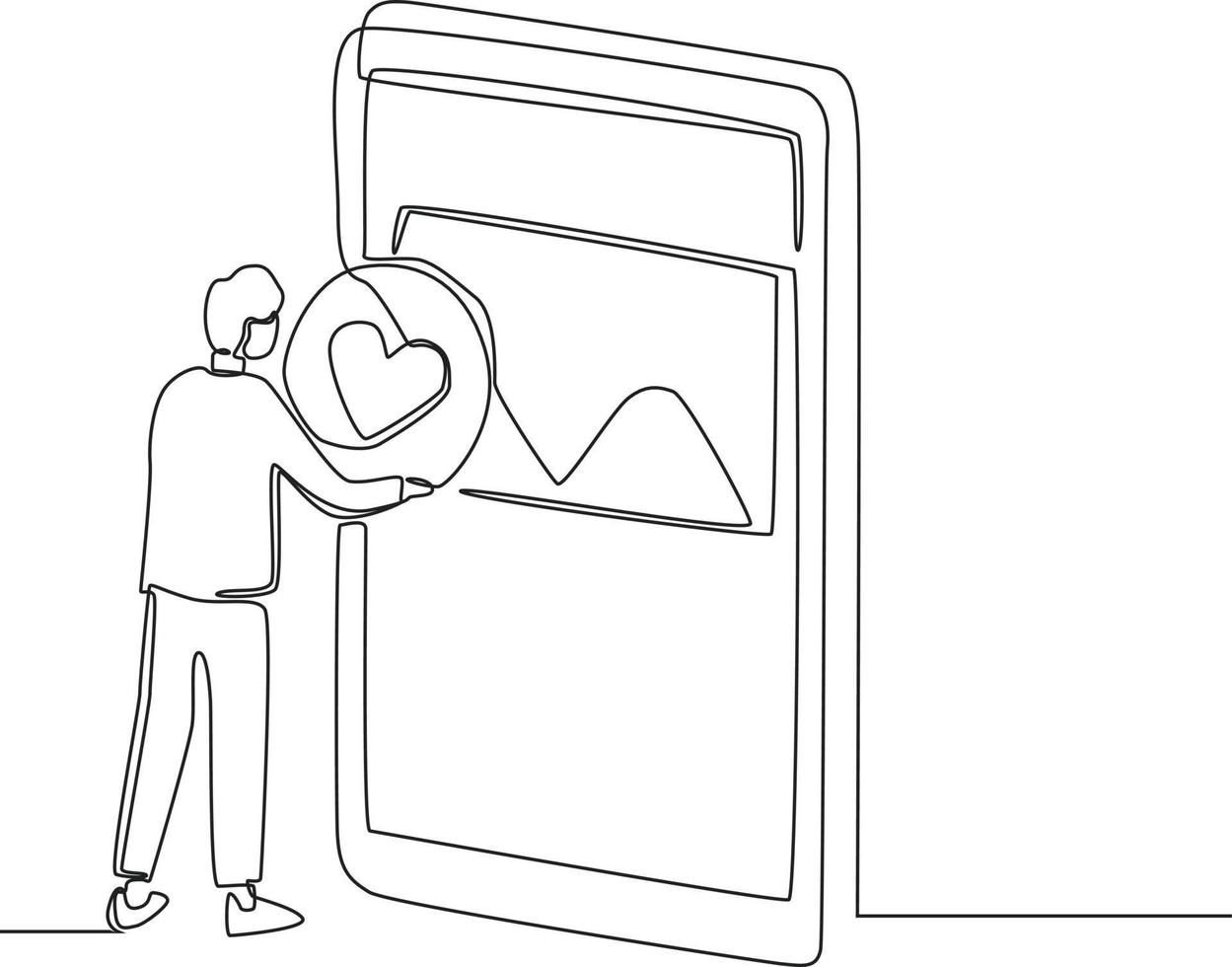 Simple continuous line drawing a man gives love or likes a photo on social media. Draw in black and white background. Vector illustration.