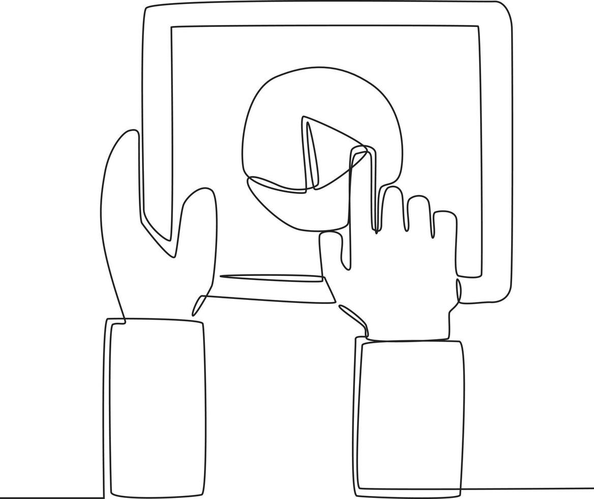 Continuous line drawing of hand turn on Play button icon. Vector illustration.