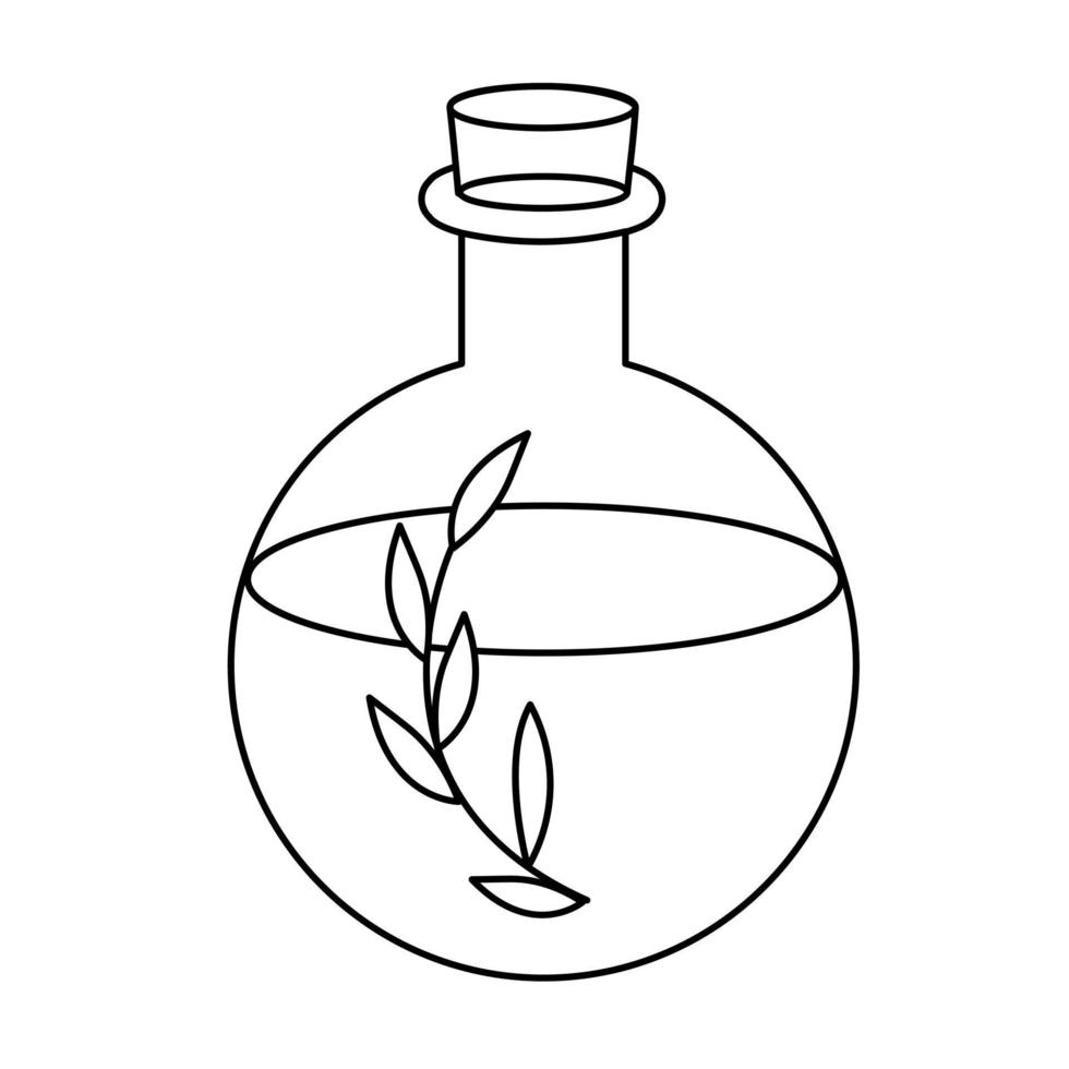 dibujo de contorno en blanco y negro de una botella de poción orgánica. ilustración vectorial página para colorear vector