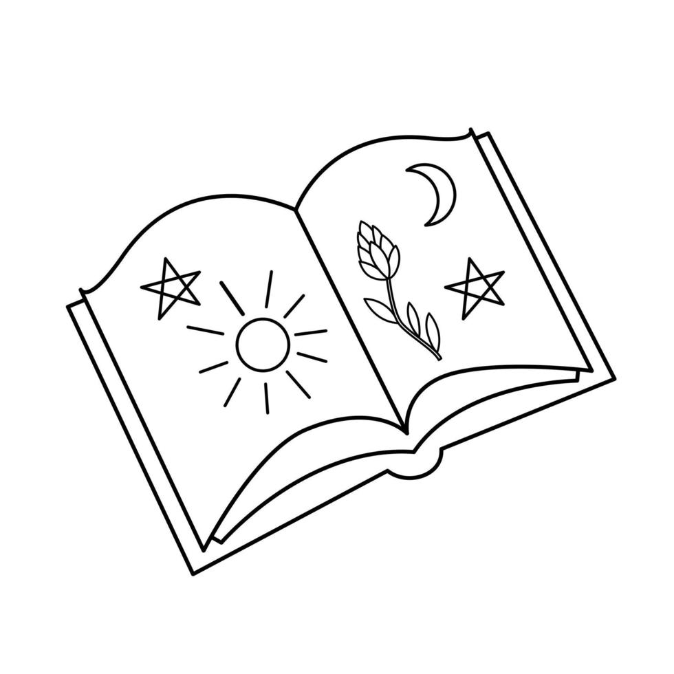 Contour black-and-white drawing of  the magic book. Vector illustration. Coloring page.