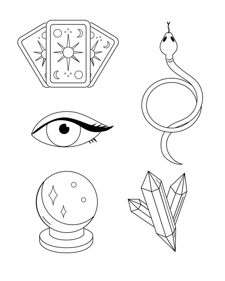 Contour black-and-white drawing set of magical elements. Burning candles, magic book,  faceted diamond,  blooming flower, leaves,  pictogram,  bottle with an organic potion. Vector illustration.