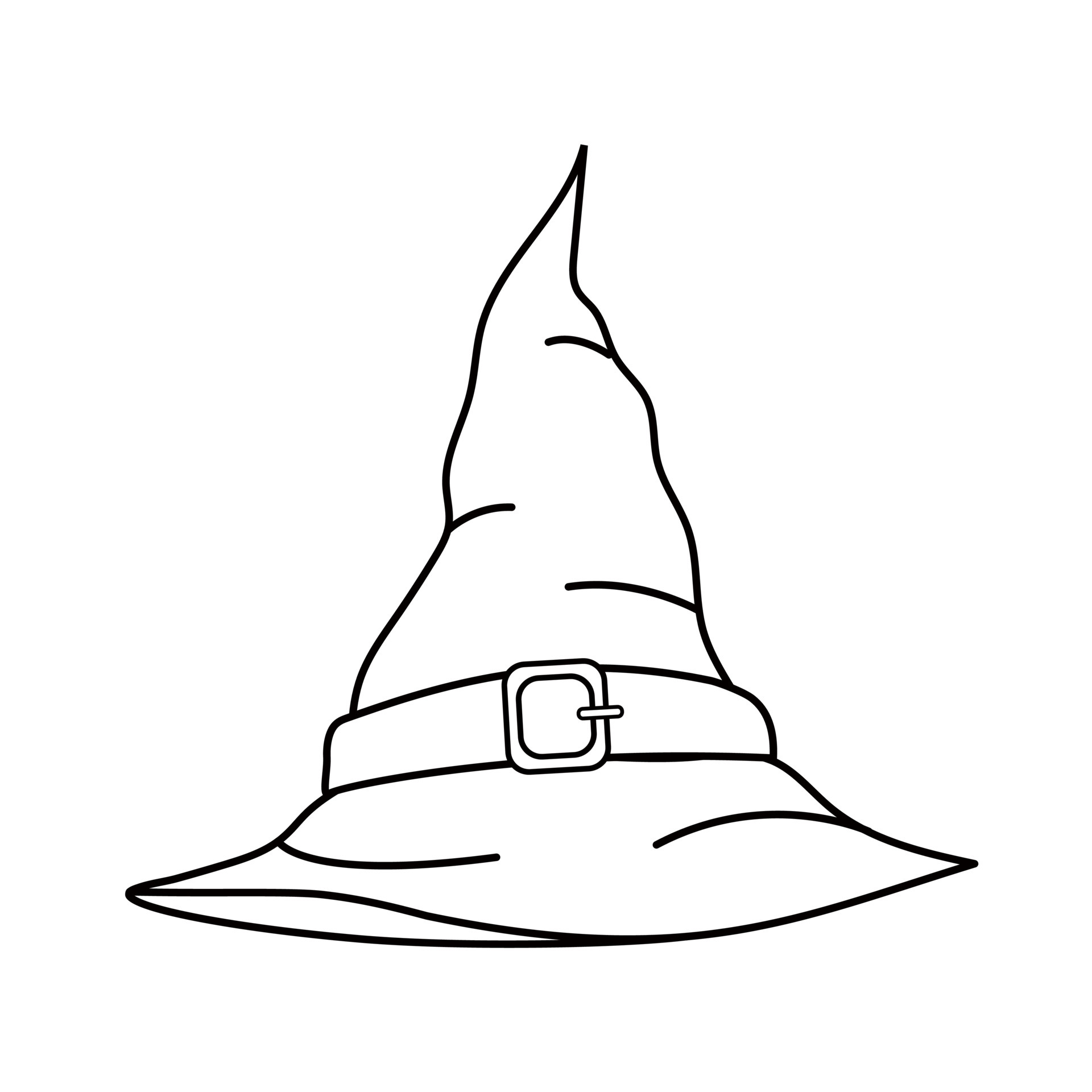 Contour black-and-white drawing of a pointed witch hat. Vector