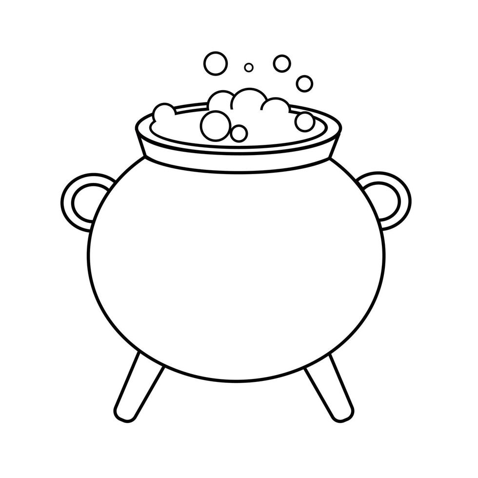 Contour black-and-white drawing of  a witch's cauldron with boiling potion. Vector illustration. Coloring page.