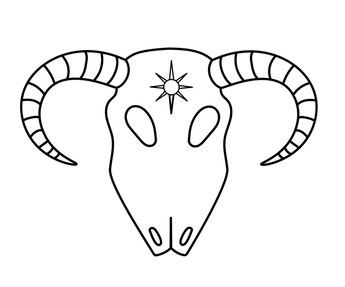 Contour black-and-white drawing of  a ram's skull. Vector illustration. Coloring page.