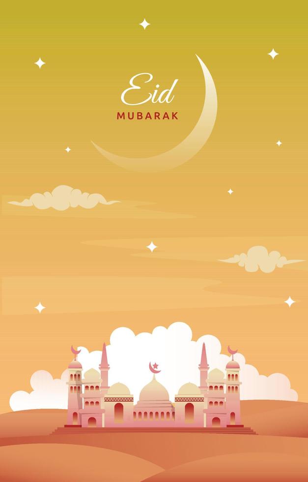 Eid Mubarak Greeting Card Mosque Night Sky Vector Design Template