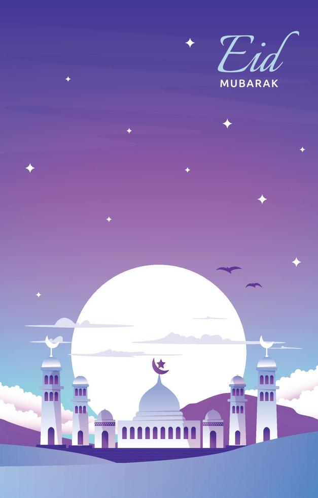 Eid Mubarak Greeting Card Mosque Night Sky Vector Design Template