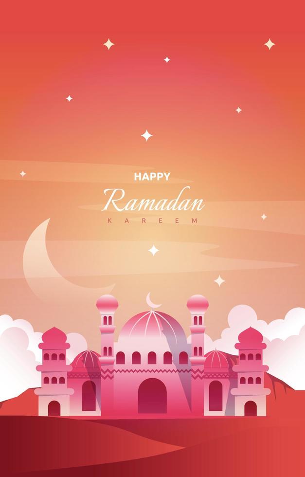 Ramadan Kareem Greeting Card Mosque Night Sky Vector Design Template