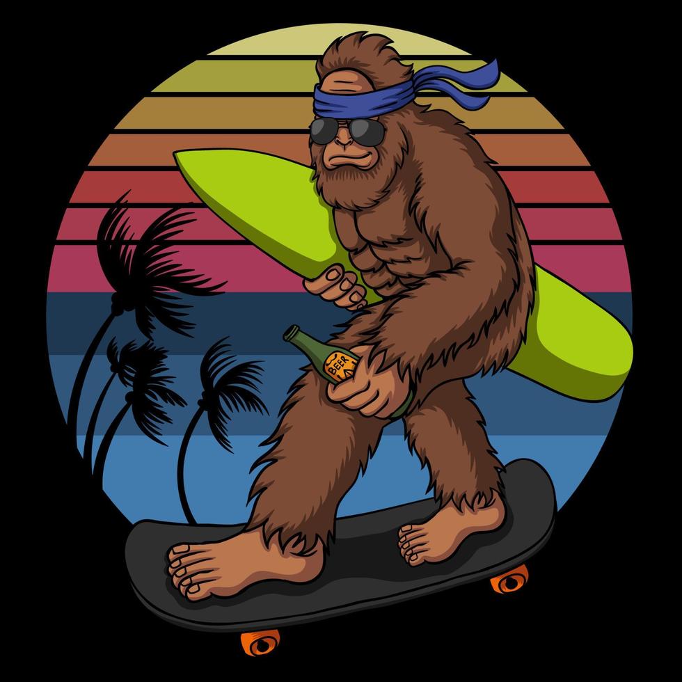 Bigfoot está andando en patineta a la ilustración de vector de playa