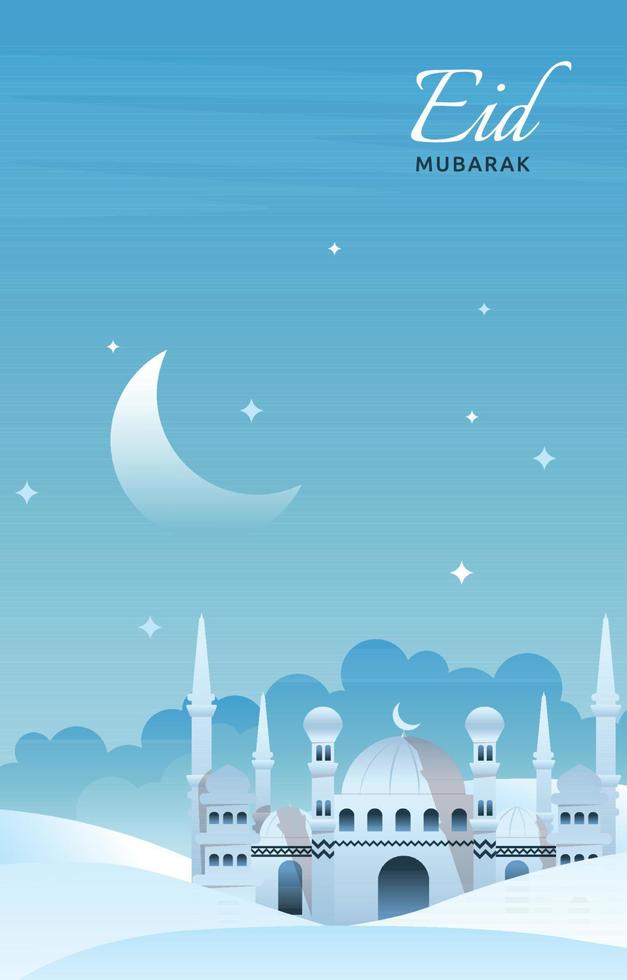 Eid Mubarak Greeting Card Mosque Night Sky Vector Design Template