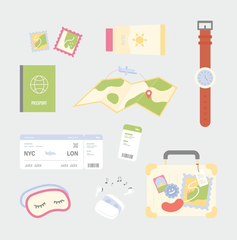 Items needed for travel flat design style vector illustration.