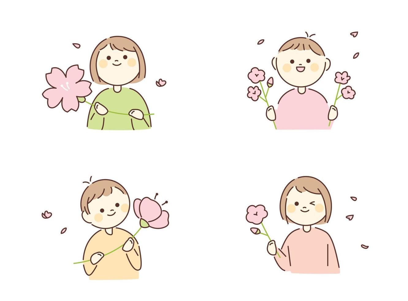 People hold large cherry blossoms in their hands. A cute character with a round face. vector