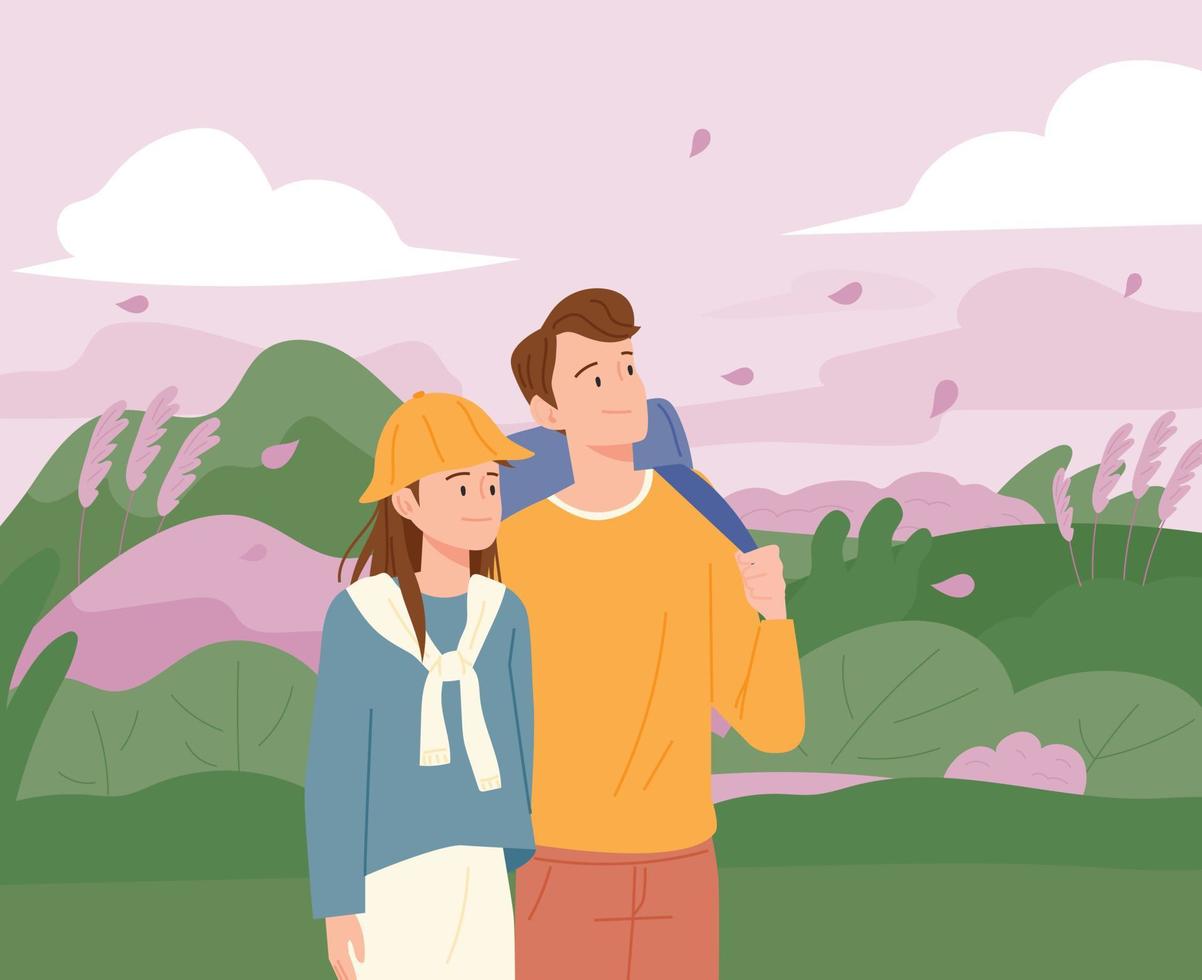 A couple is taking a walk in a park where cherry blossoms are blooming. vector