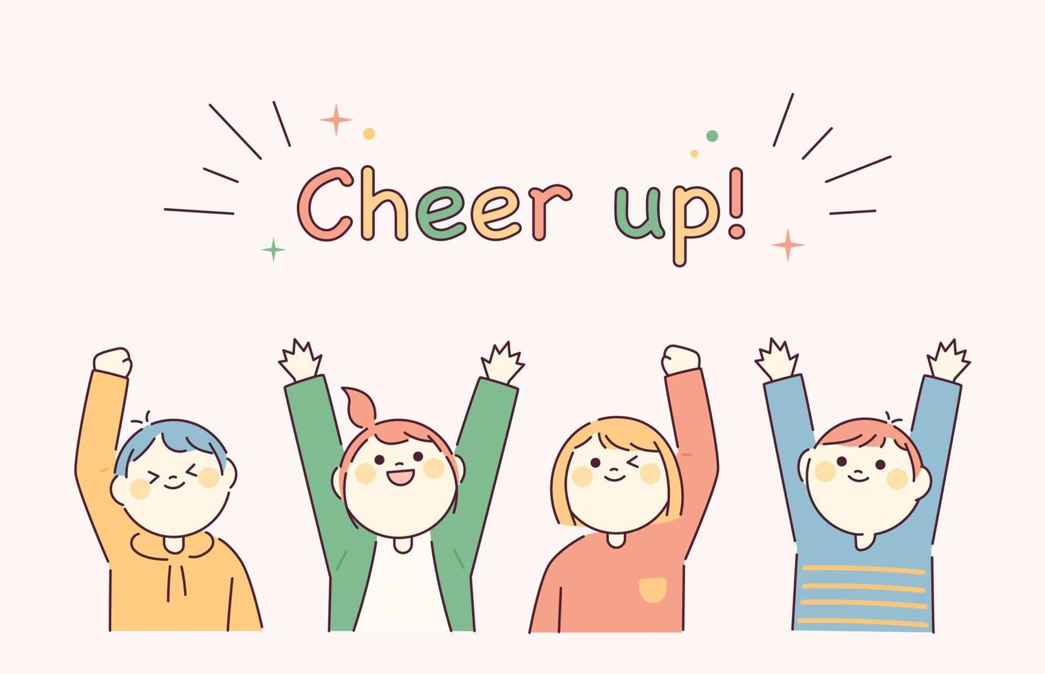 People raising their hands up and giving positive expressions. A character with a round and cute face. vector