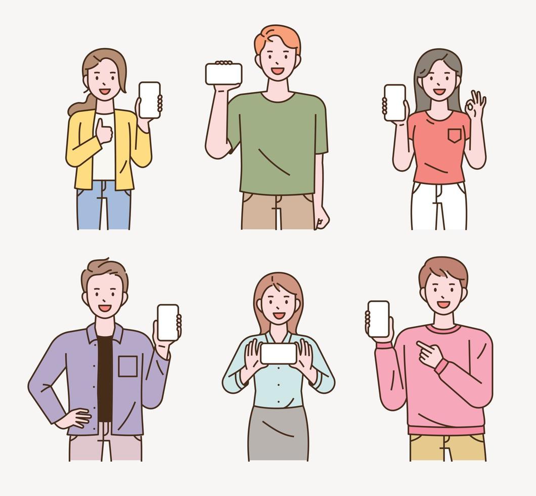 Many people are explaining with cell phones in their hands. flat design style vector illustration.