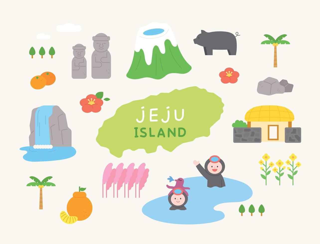 una colección de íconos que simbolizan la isla de jeju. ilustración vectorial de estilo de diseño plano. vector