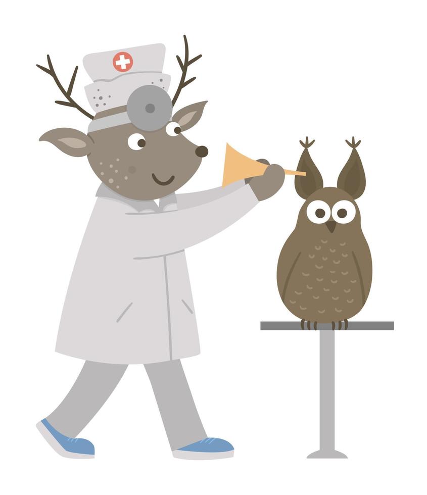 Vector animal doctor treating patient. Deer checking owl ears. Cute funny characters. Medicine picture for children. Hospital scenes isolated on white background