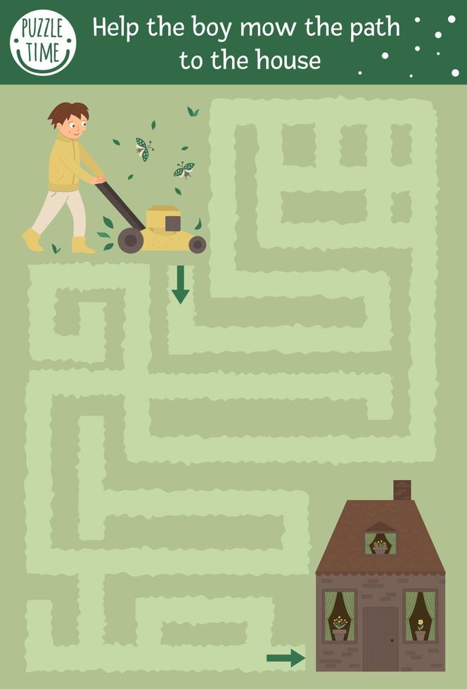 Spring maze for children. Preschool garden activity. Funny puzzle game with boy with mower. Help the boy maw the path to the house. vector